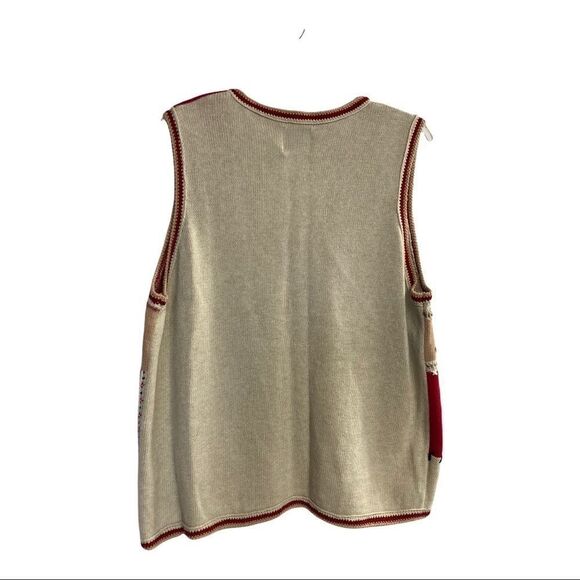 BLAST Christmas Sweater Vest, Size Large Petite,Cream, Red & Tan, Stars & Trees - Picture 4 of 8